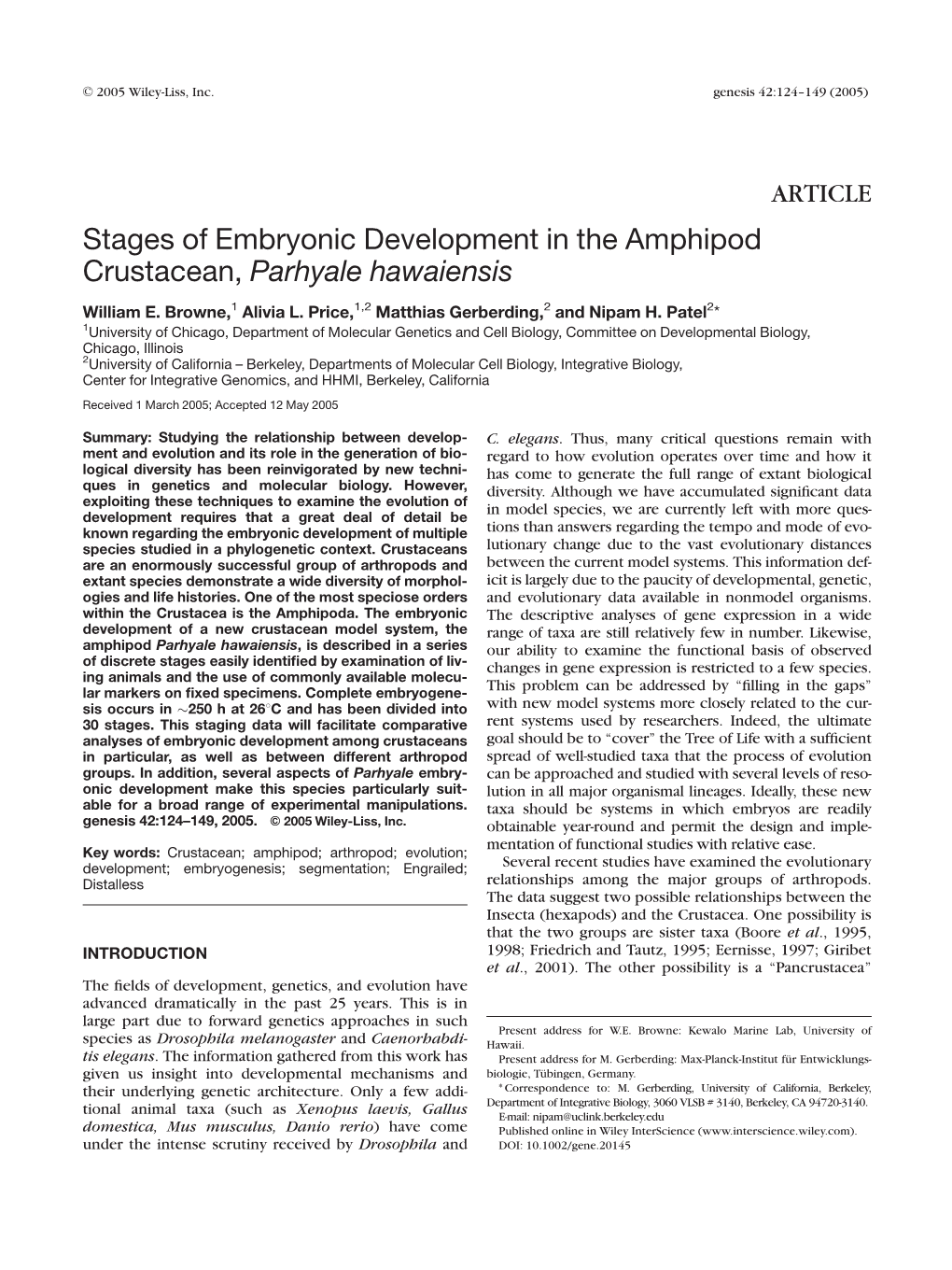 Stages of Embryonic Development in the Amphipod Crustacean, Parhyale Hawaiensis