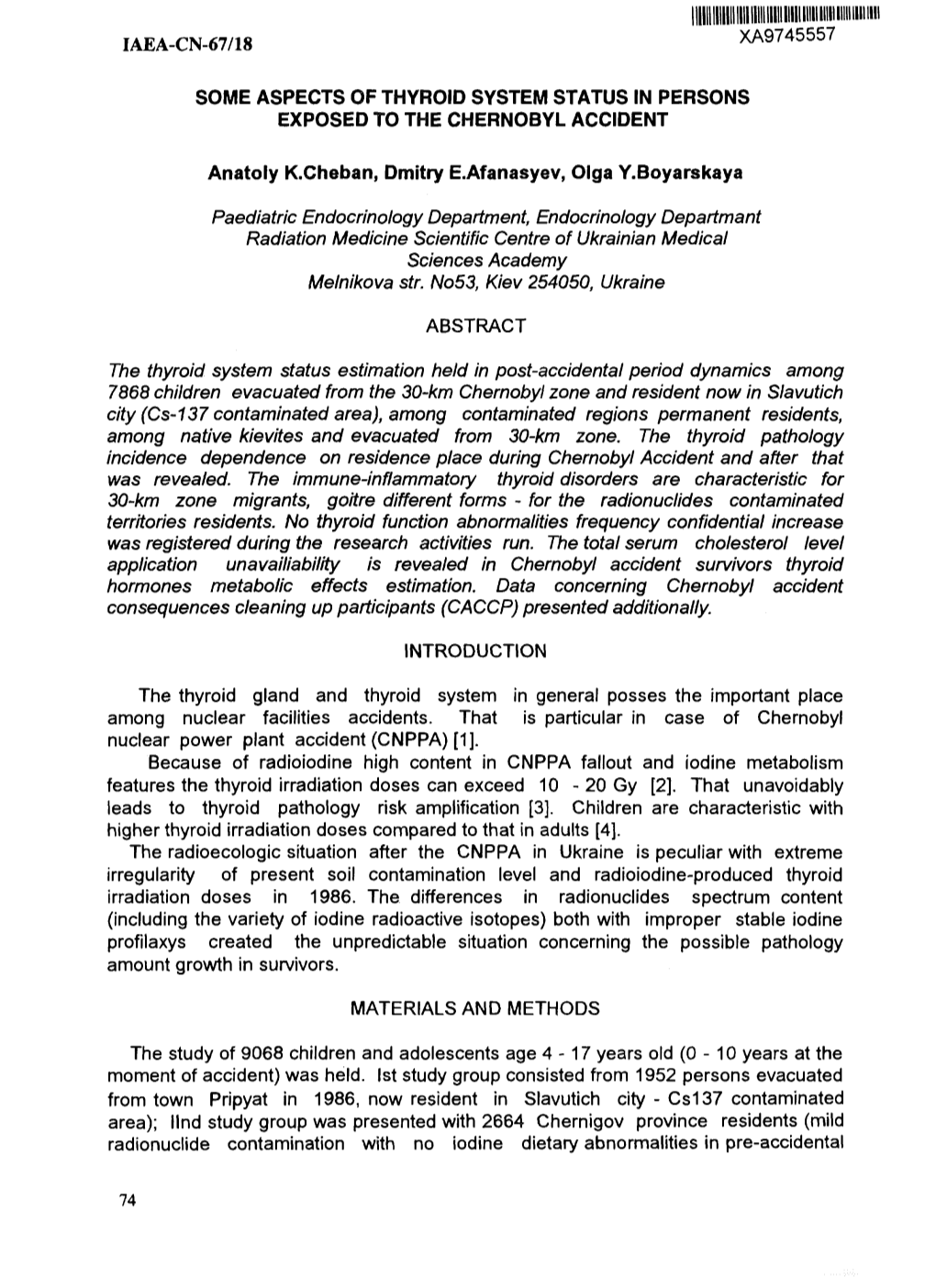 Some Aspects of Thyroid System Status in Persons Exposed to the Chernobyl Accident