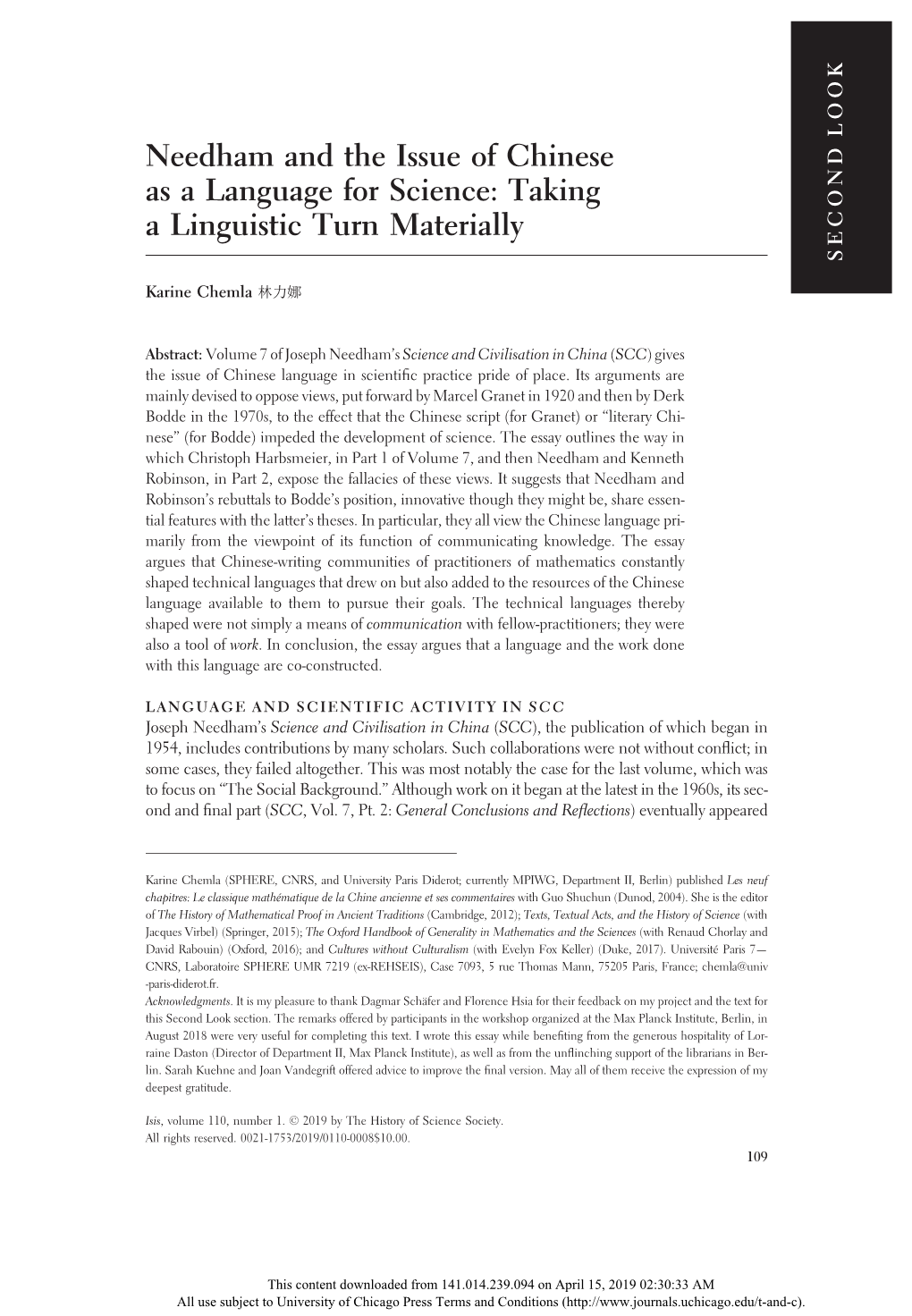 Needham and the Issue of Chinese As a Language for Science: Taking a Linguistic Turn Materially SECOND LOOK