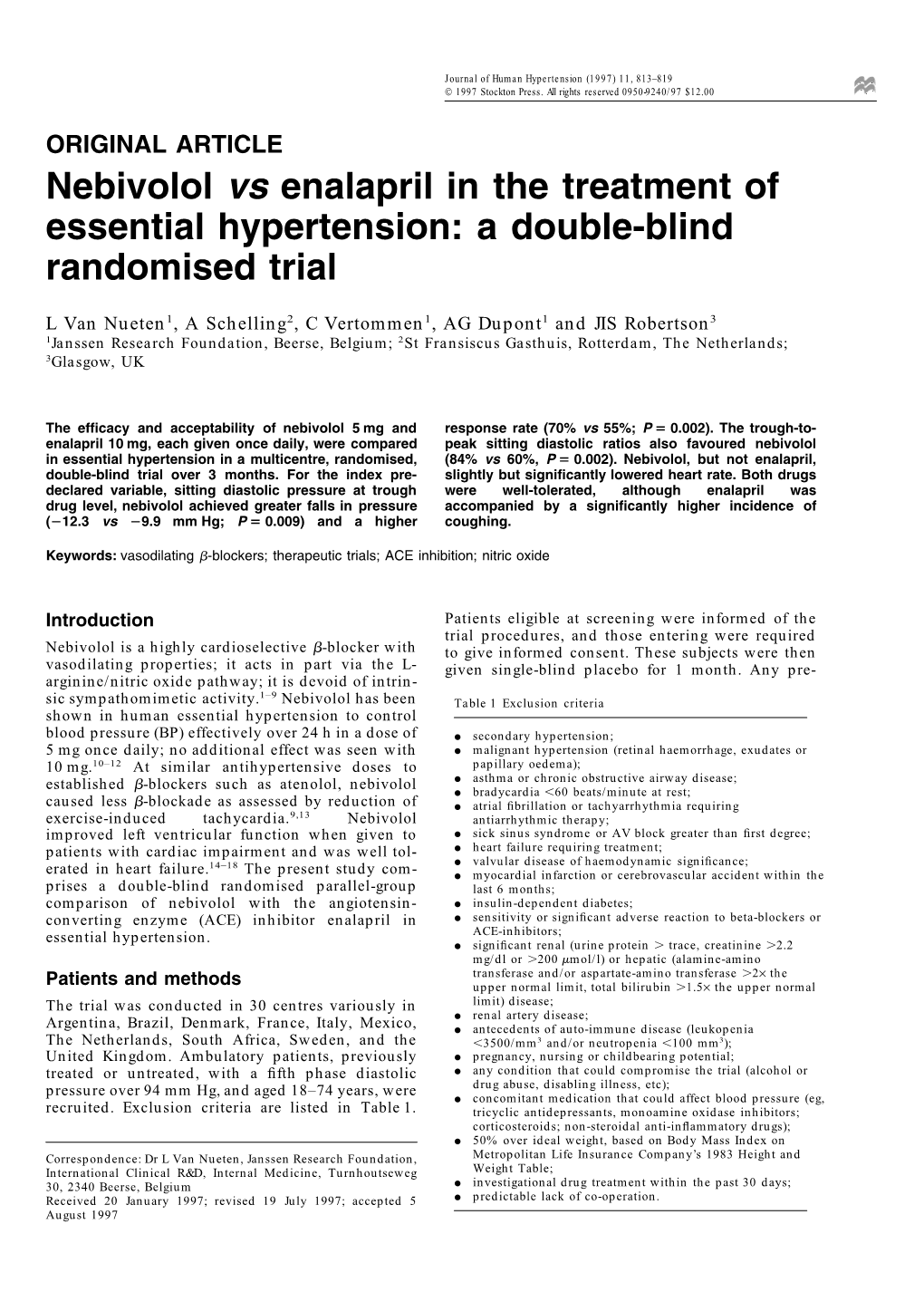 Nebivolol Vs Enalapril in the Treatment of Essential Hypertension: a Double-Blind Randomised Trial