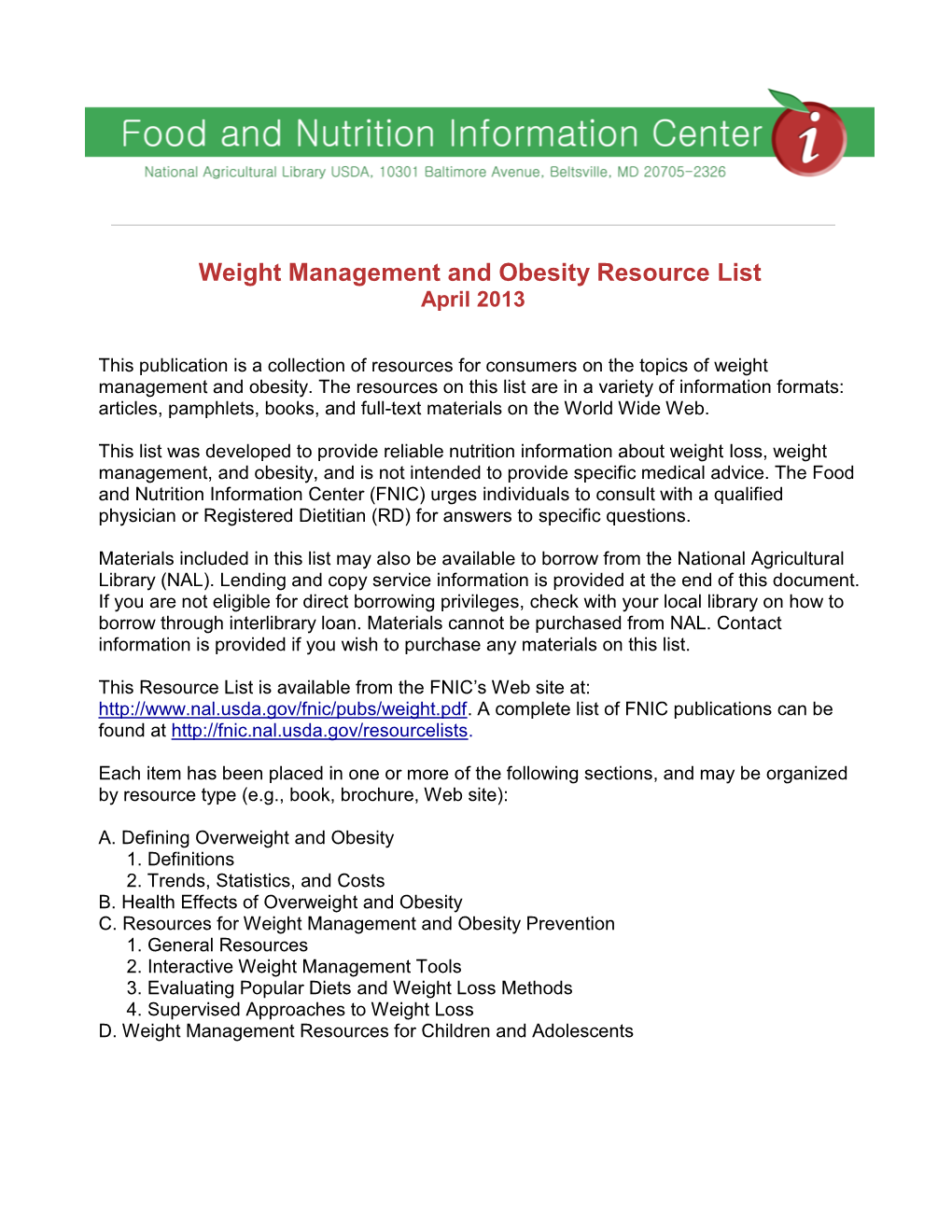 Weight Management and Obesity Resource List April 2013