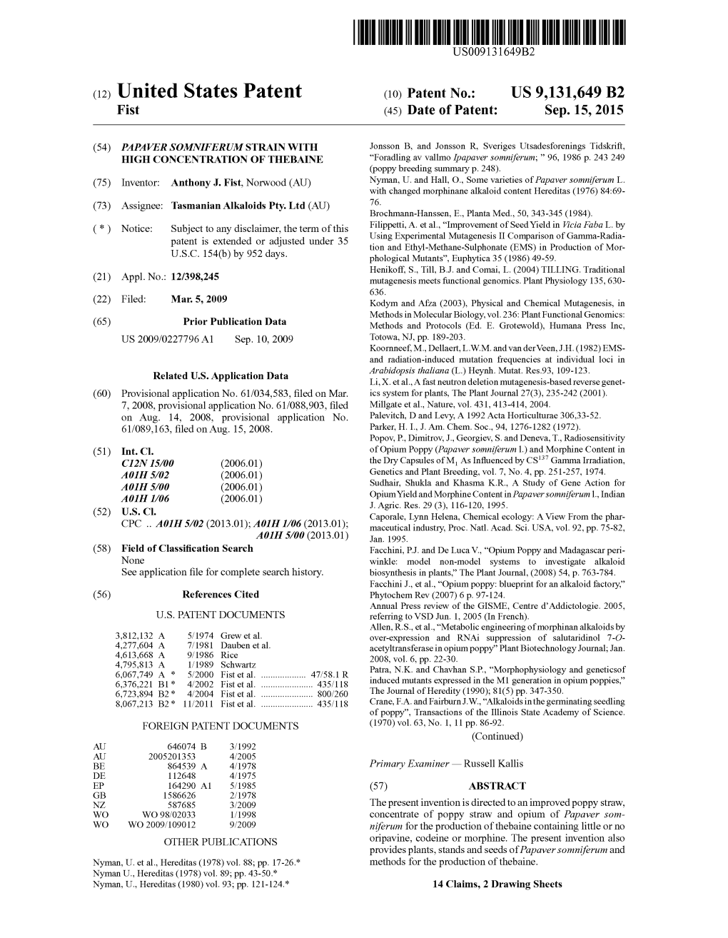 (12) United States Patent (10) Patent No.: US 9,131,649 B2 Fist (45) Date of Patent: Sep