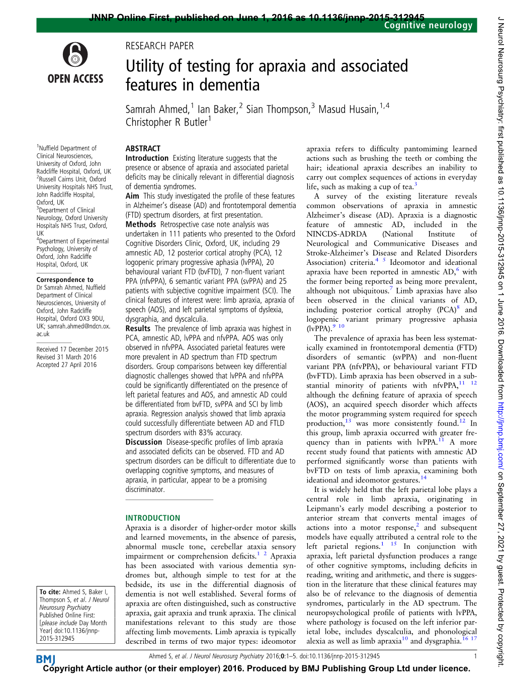 Utility of Testing for Apraxia and Associated Features in Dementia Samrah Ahmed,1 Ian Baker,2 Sian Thompson,3 Masud Husain,1,4 Christopher R Butler1