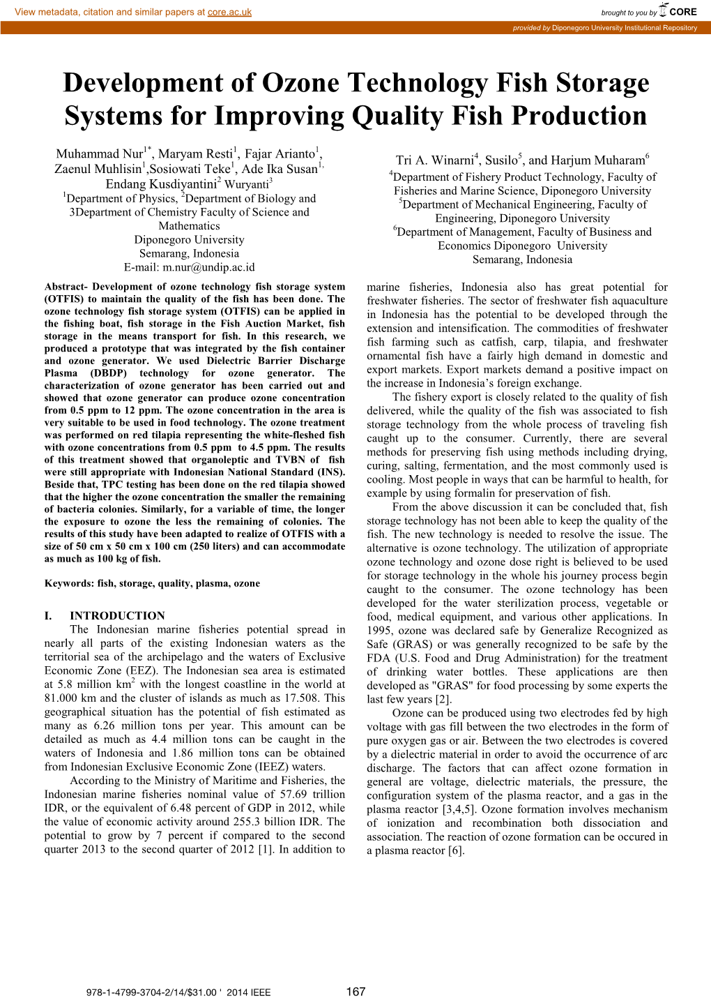 Development of Ozone Technology Fish Storage Systems for Improving Quality Fish Production