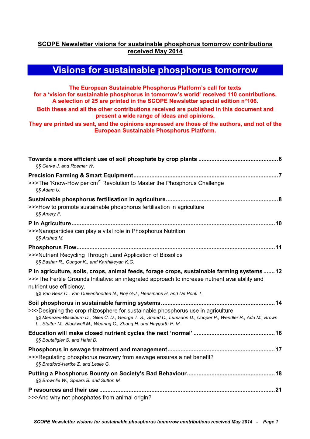 SCOPE Newsletter Visions for Sustainable Phosphorus Tomorrow Contributions Received May 2014