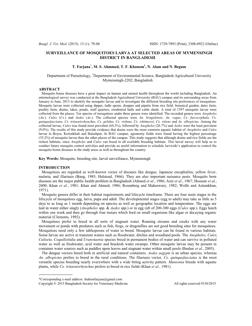 Surveillance of Mosquitoes Larva at Selected Areas of Mymensingh District in Bangladesh