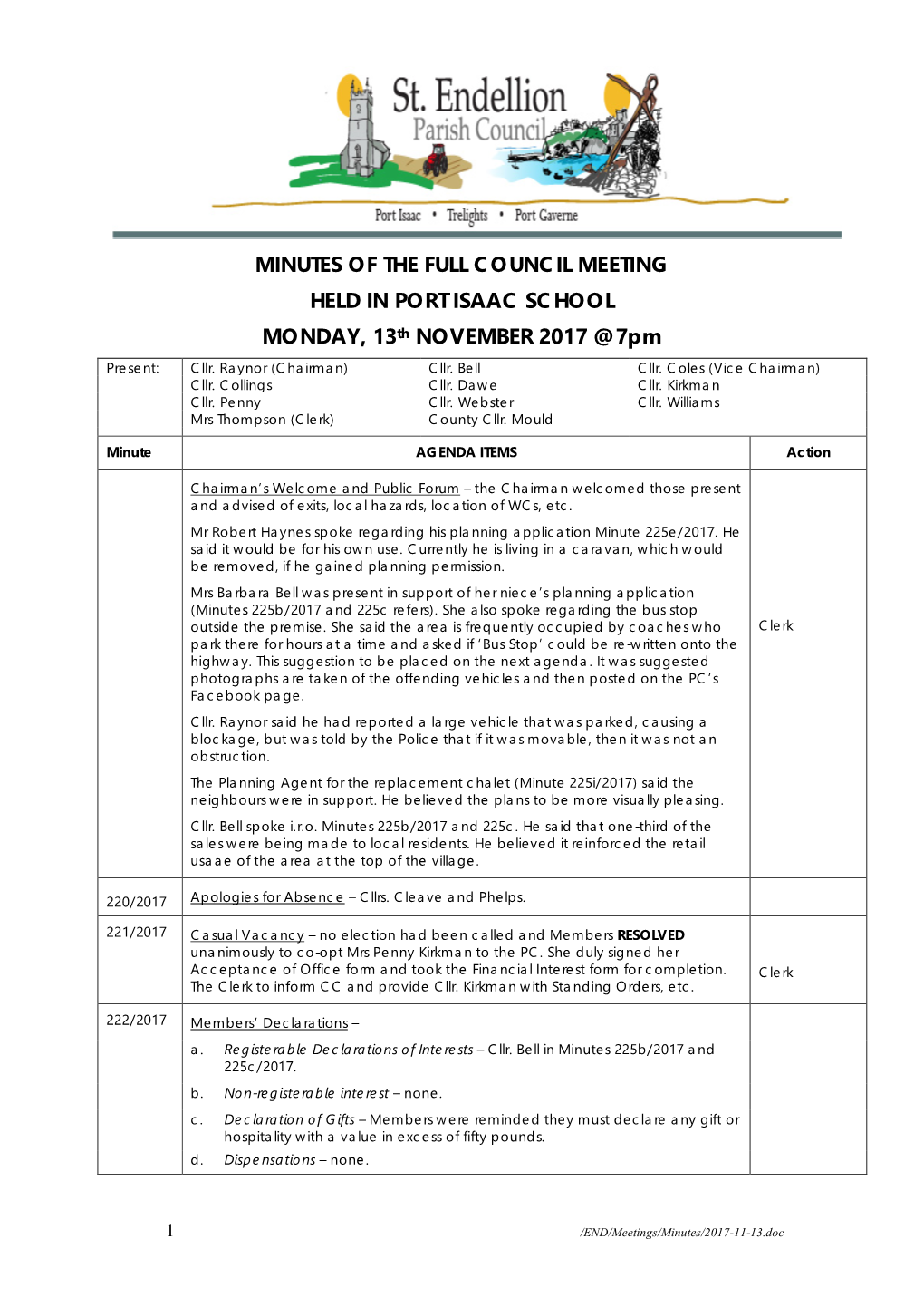 MINUTES of the FULL COUNCIL MEETING HELD in PORT ISAAC SCHOOL MONDAY, 13Th NOVEMBER 2017 @ 7Pm Present: Cllr