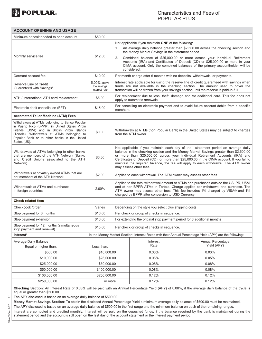 Characteristics and Fees of the Account Popular Plus