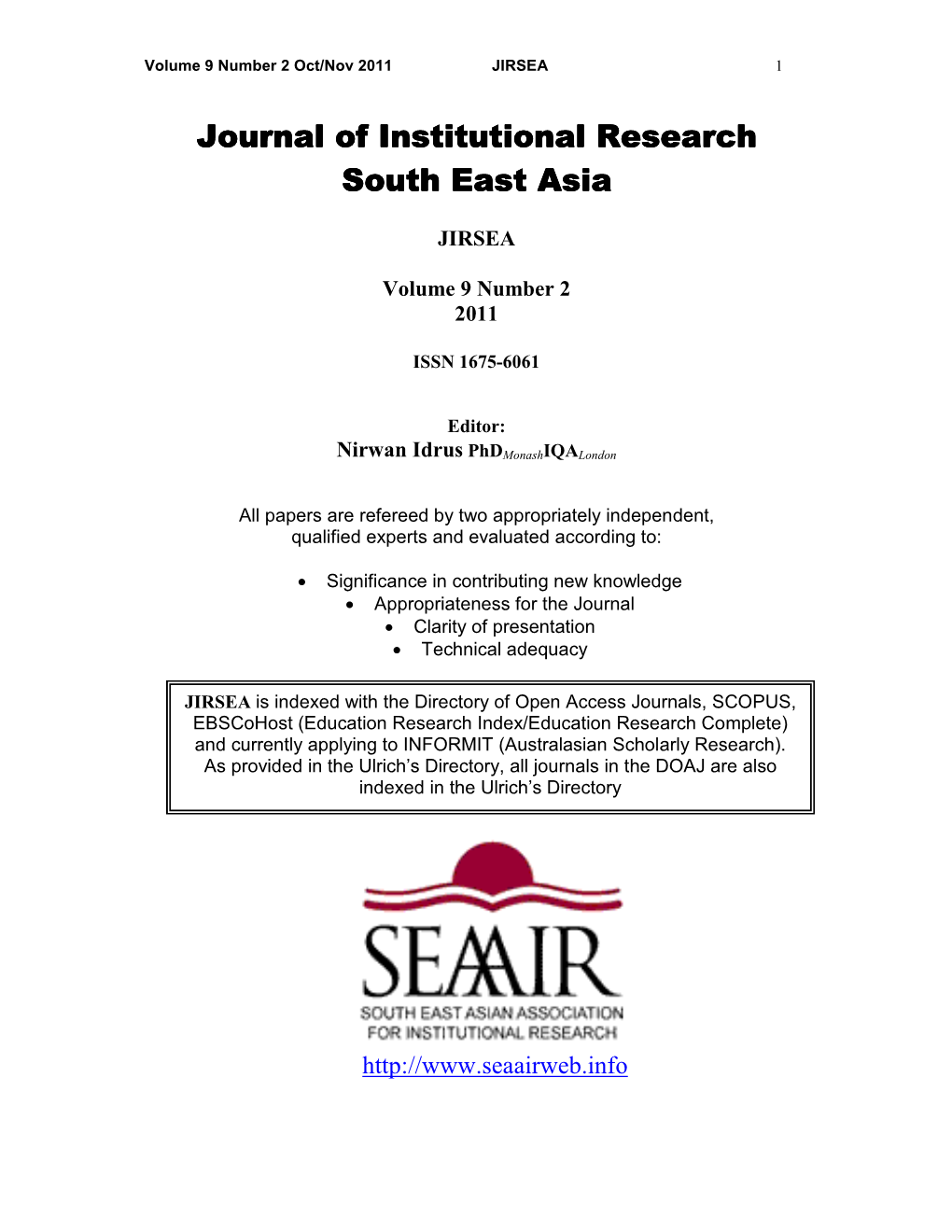 Journal of Institutional Research South East Asia