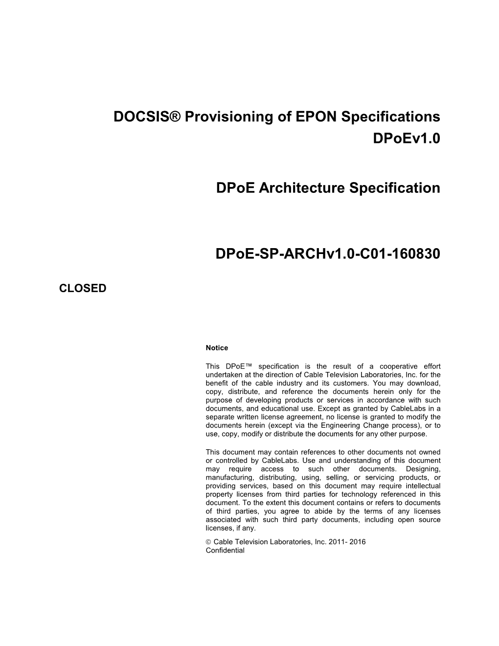 DOCSIS® Provisioning of EPON Specifications Dpoev1.0 Dpoe