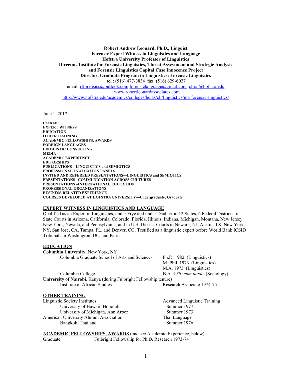 Robert Andrew Leonard, Ph.D., Linguist Forensic Expert Witness in Linguistics and Language Hofstra University Professor of Lingu