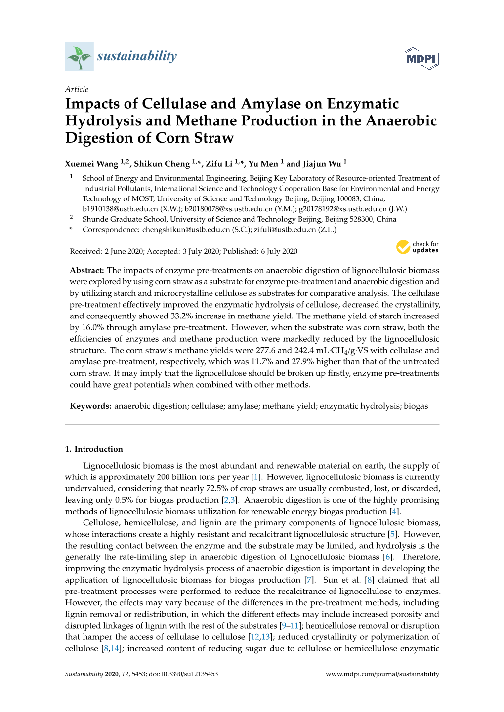 Impacts of Cellulase and Amylase on Enzymatic Hydrolysis and Methane Production in the Anaerobic Digestion of Corn Straw
