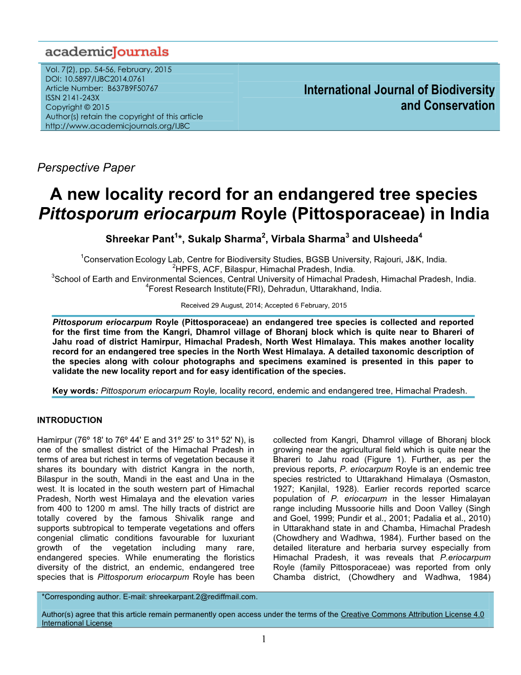 A New Locality Record for an Endemic Endangered Tree Species
