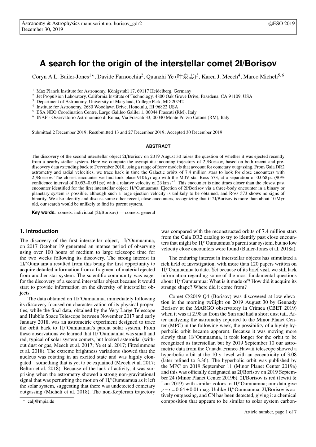 A Search for the Origin of the Interstellar Comet 2I/Borisov Coryn A.L