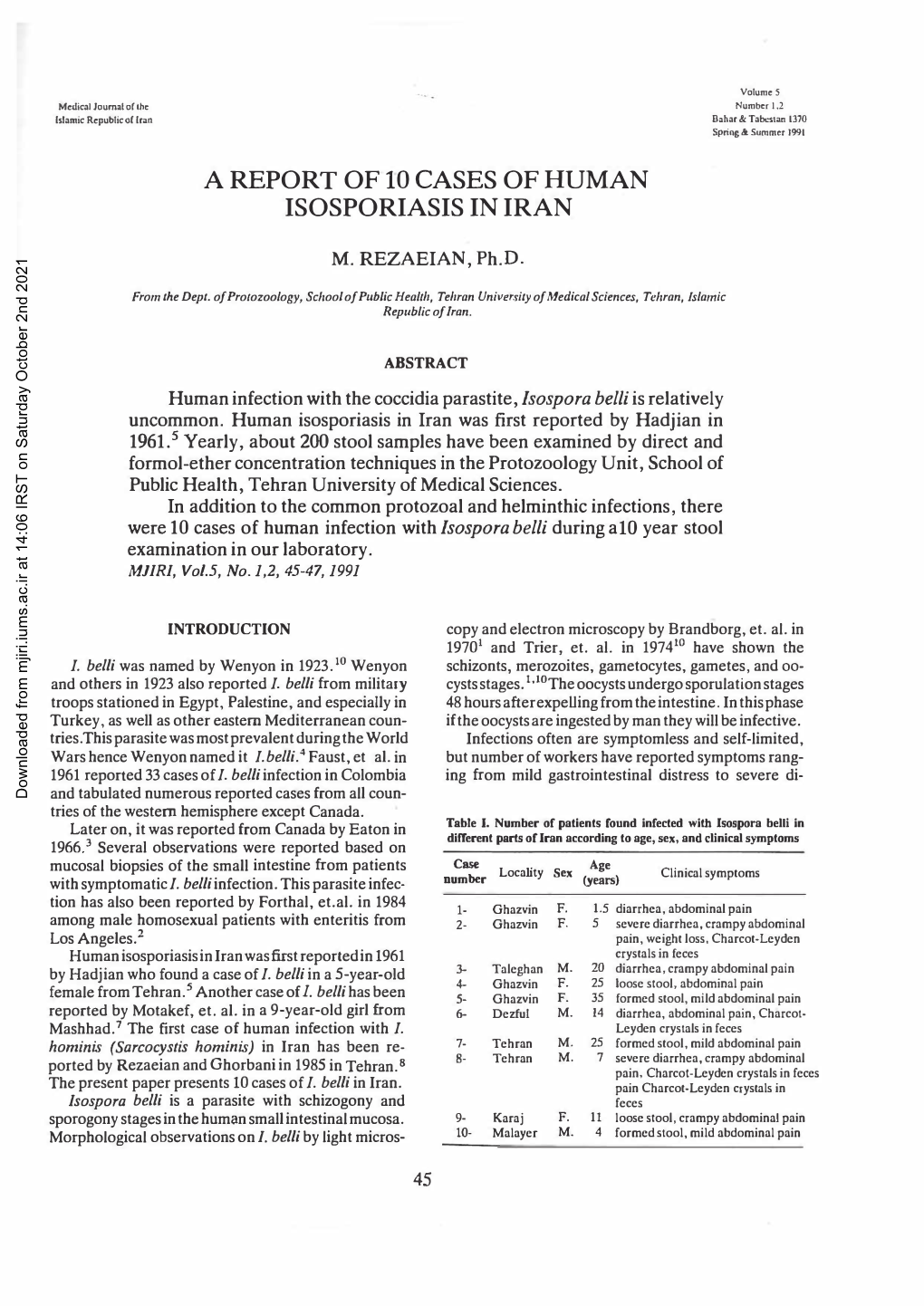 A Report of 10 Cases of Human Isosporiasis in Iran