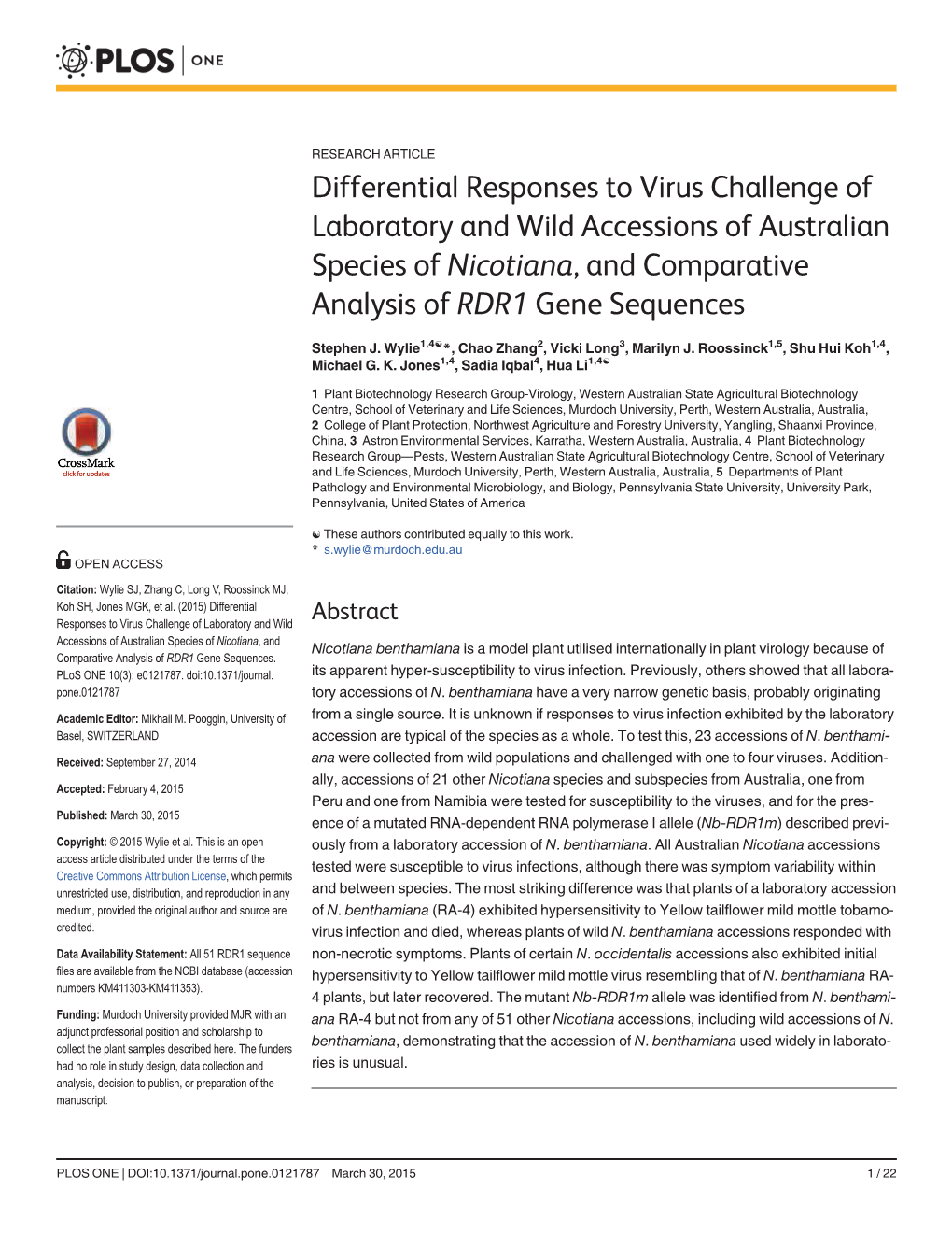 Differential Responses to Virus Challenge of Laboratory and Wild Accessions of Australian Species of Nicotiana, and Comparative Analysis of RDR1 Gene Sequences