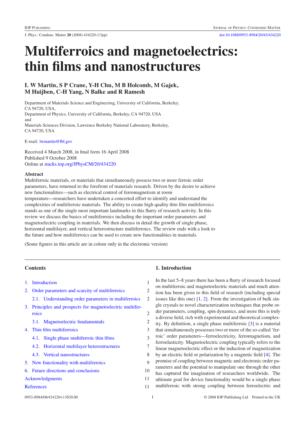 Multiferroics and Magnetoelectrics: Thin Films and Nanostructures