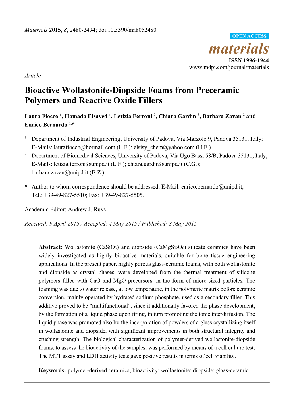 Bioactive Wollastonite-Diopside Foams from Preceramic Polymers and Reactive Oxide Fillers