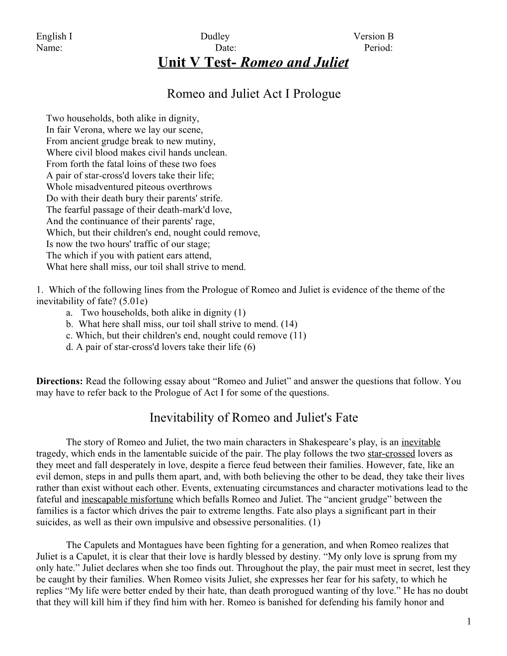 Romeo and Juliet Act I Prologue