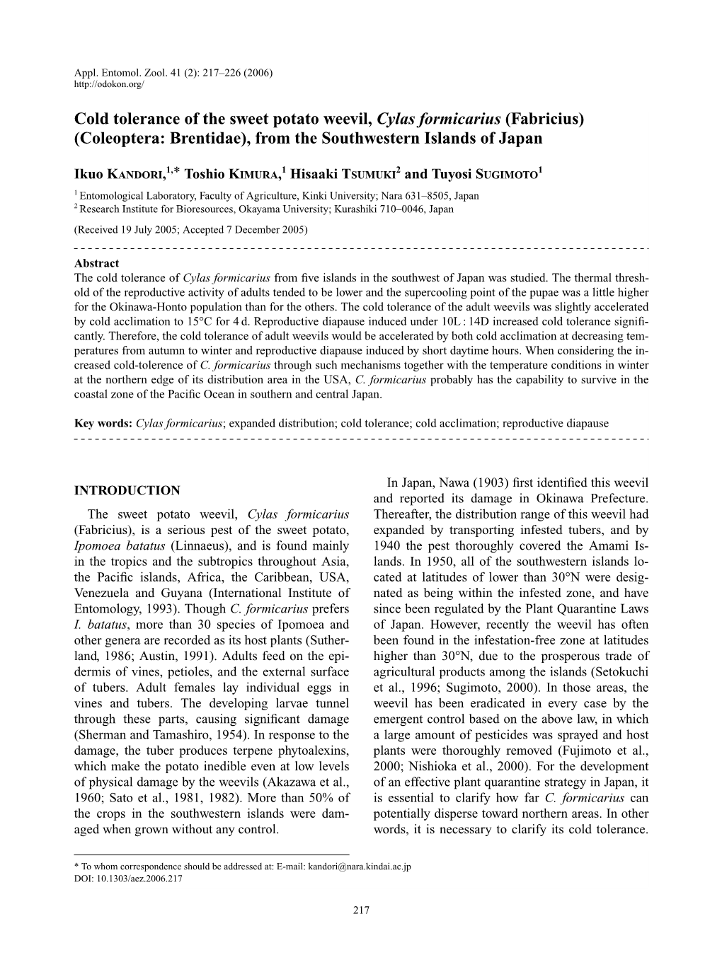 Cold Tolerance of the Sweet Potato Weevil, Cylas Formicarius (Fabricius) (Coleoptera: Brentidae), from the Southwestern Islands of Japan