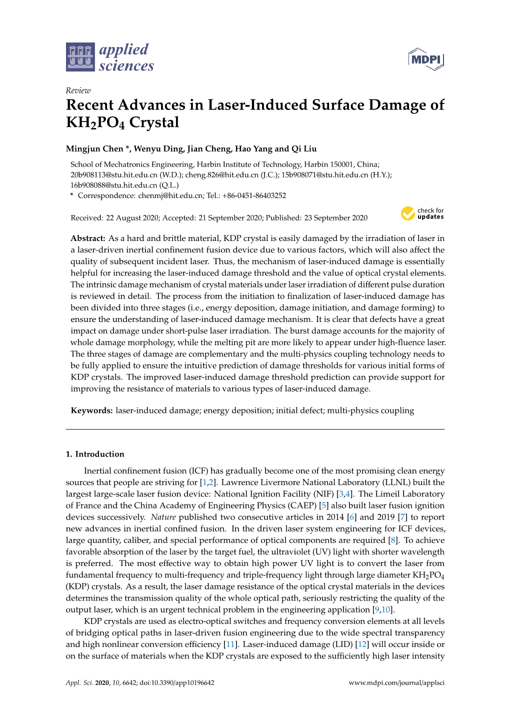 Recent Advances in Laser-Induced Surface Damage of KH2PO4 Crystal