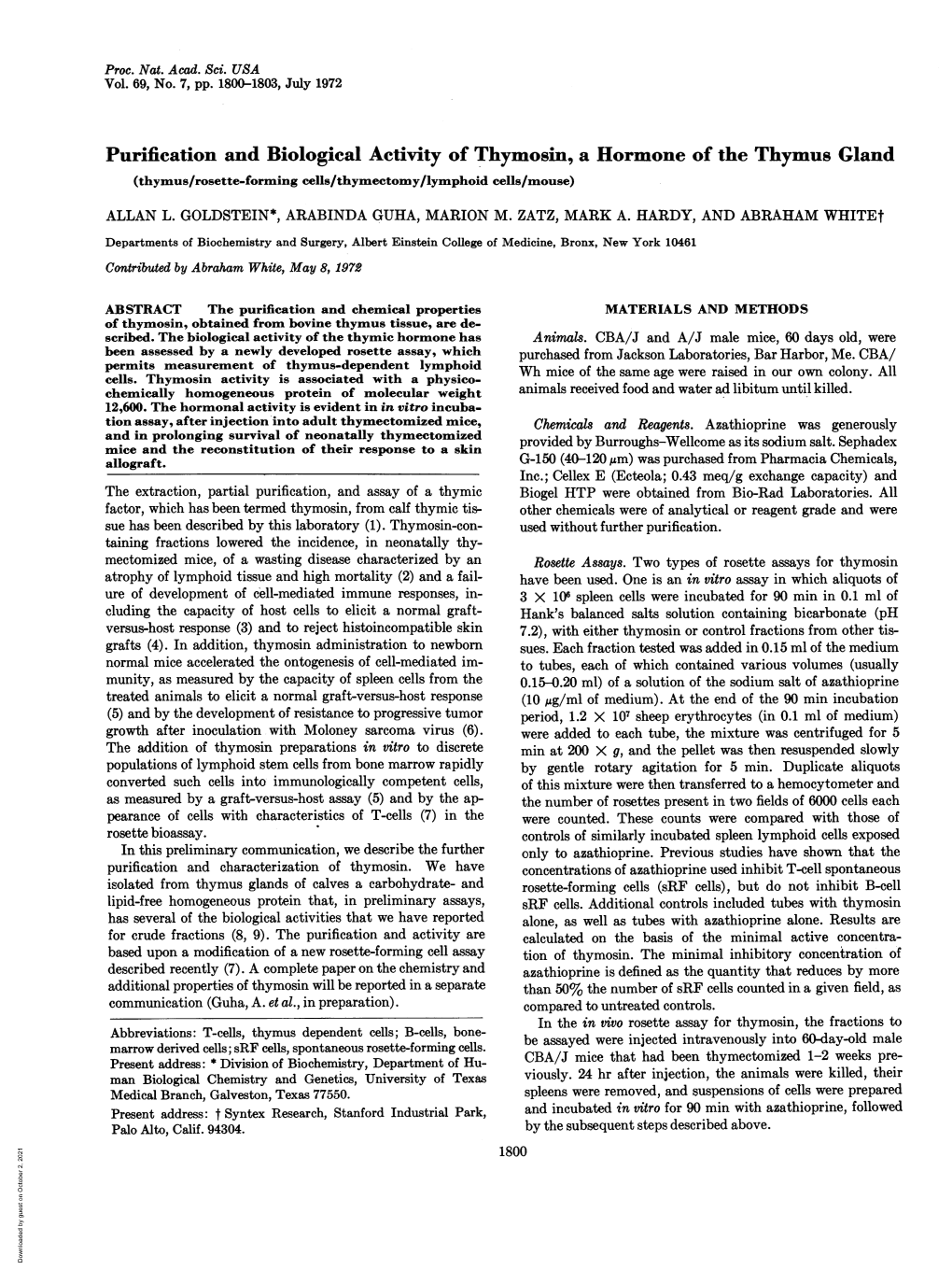 Purification and Biological Activity of Thymosin, a Hormone of the Thymus Gland (Thymus/Rosette-Forming Cells/Thymectomy/Lymphoid Cells/Mouse)