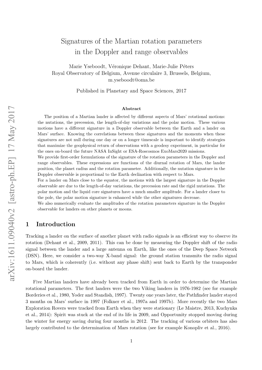 Signatures of the Martian Rotation Parameters in the Doppler and Range Observables