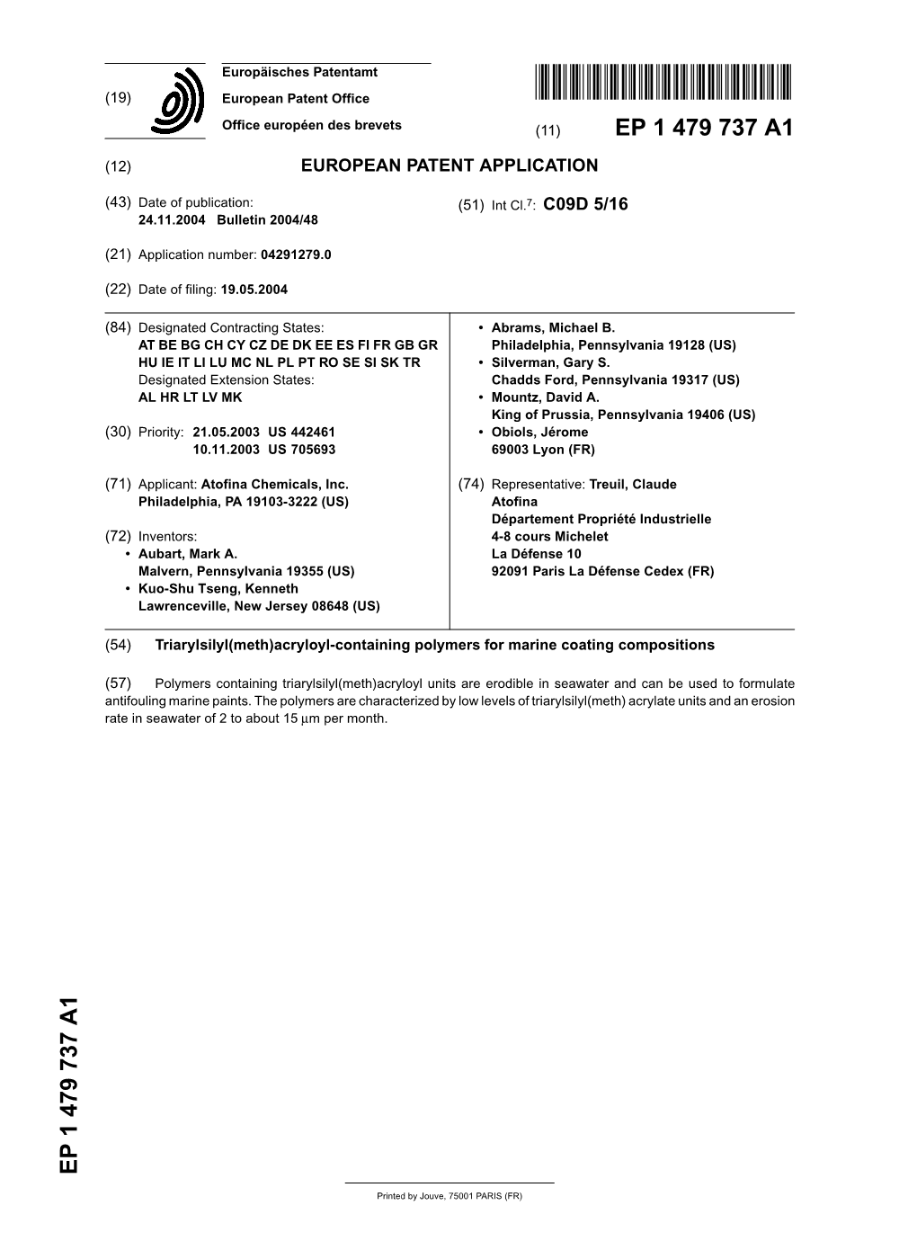 Triarylsilyl(Meth)Acryloyl-Containing Polymers for Marine Coating Compositions