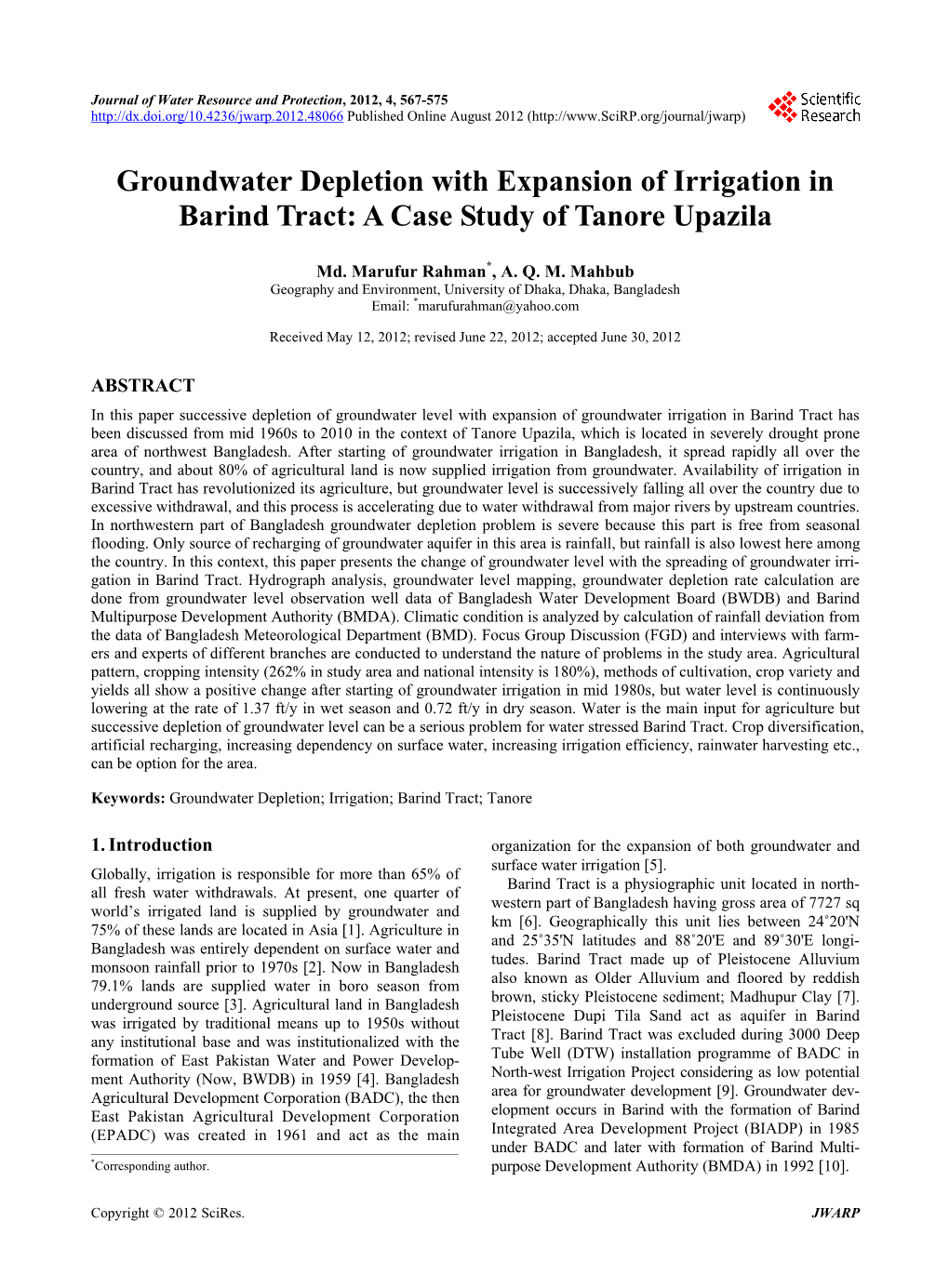 Groundwater Depletion with Expansion of Irrigation in Barind Tract: a Case Study of Tanore Upazila