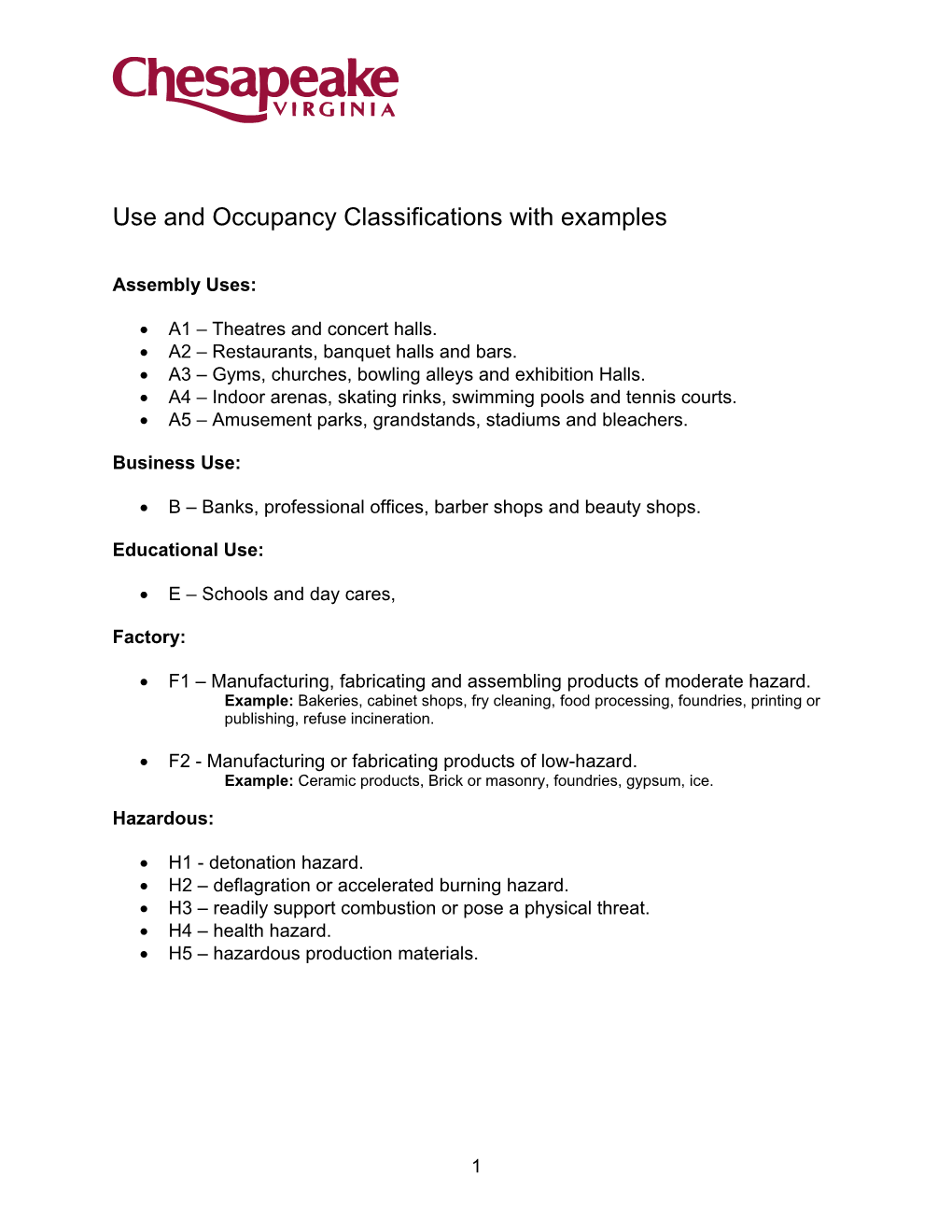 Use and Occupancy Classifications with Examples