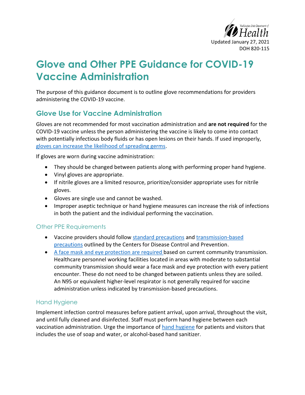 Glove and Other PPE Guidance for COVID-19 Vaccine Administration