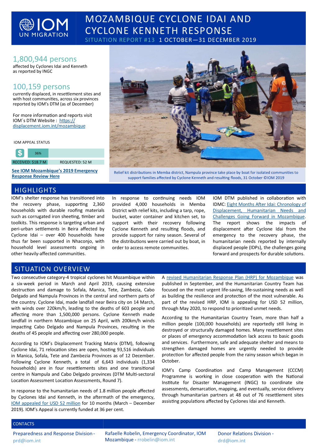 Mozambique Cyclone Idai and Cyclone Kenneth Response Situation Report #13 1 October—31 December 2019