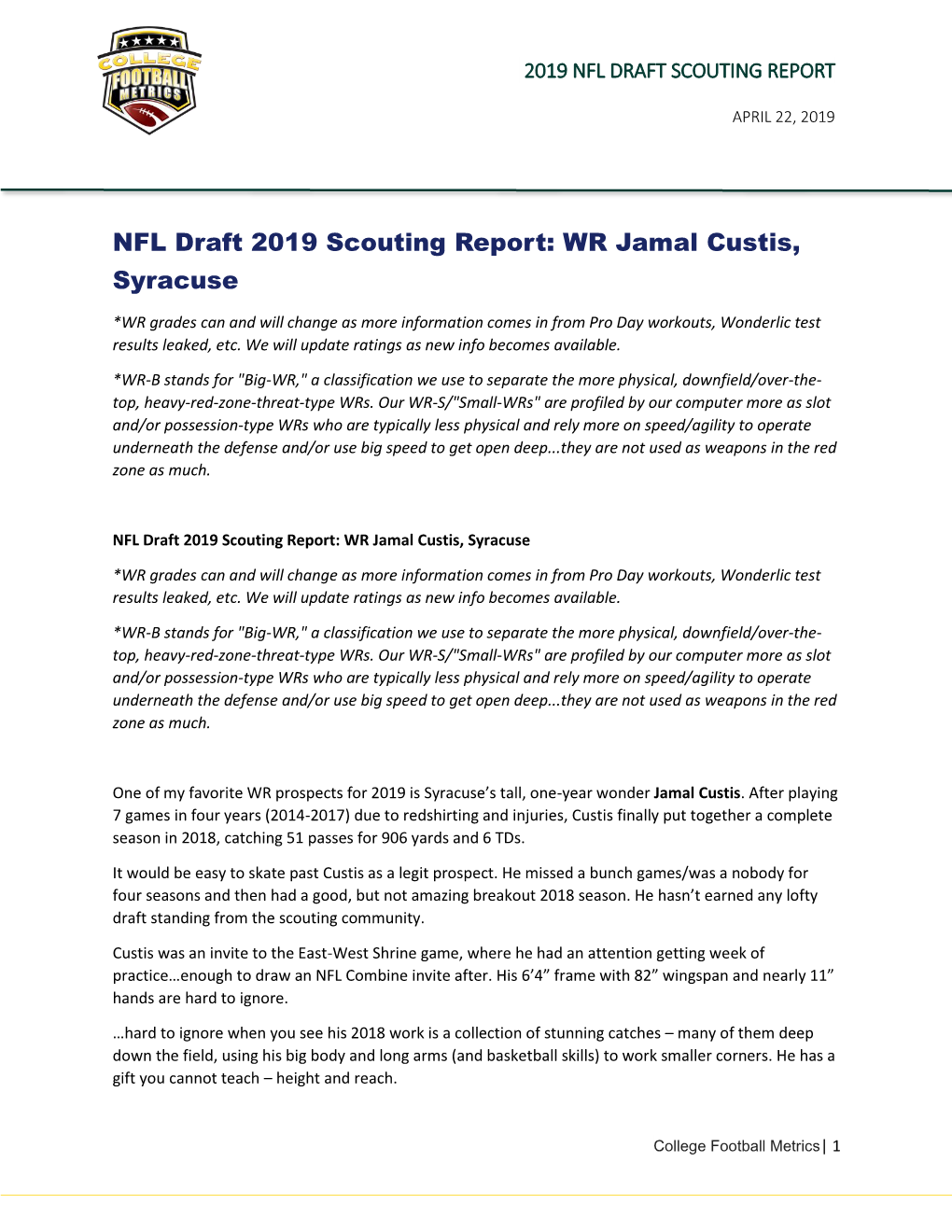 NFL Draft 2019 Scouting Report: WR Jamal Custis, Syracuse