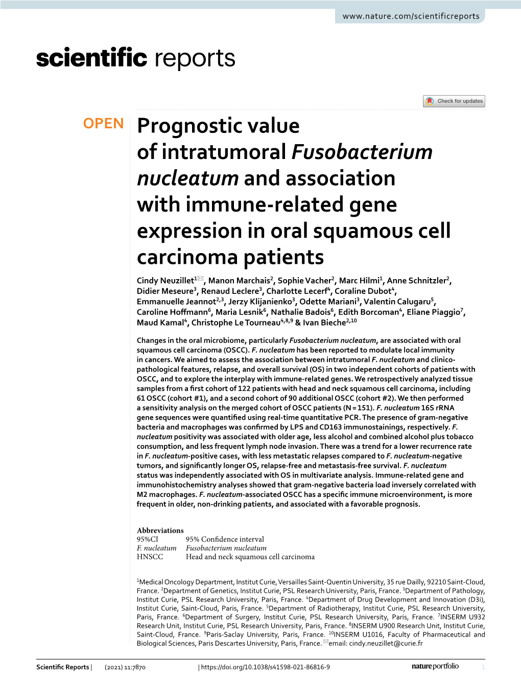 Prognostic Value of Intratumoral Fusobacterium Nucleatum