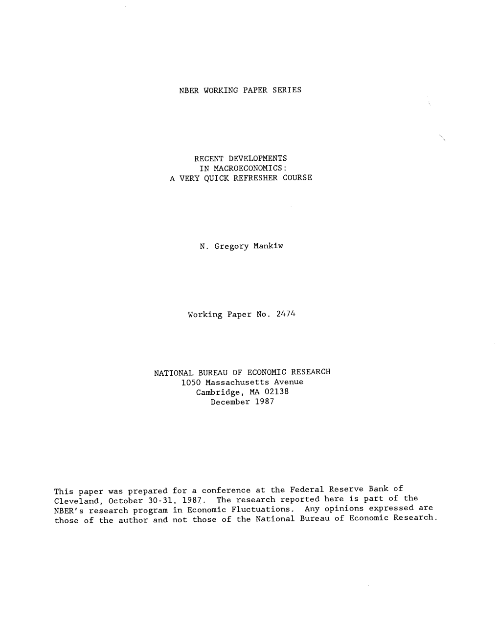 Nber Working Paper Series Recent Developments A