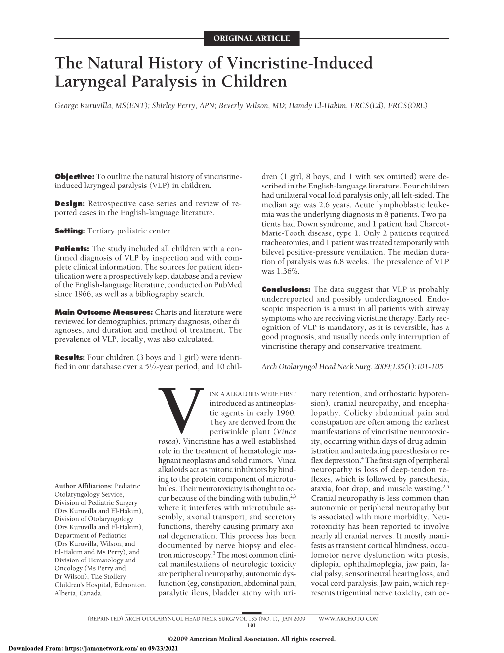 The Natural History of Vincristine-Induced Laryngeal Paralysis in Children