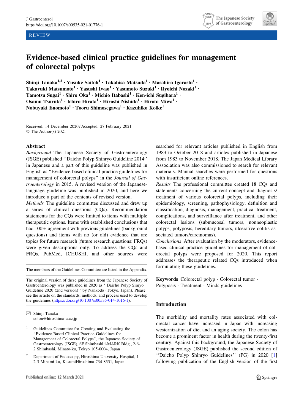 Evidence-Based Clinical Practice Guidelines for Management of Colorectal Polyps