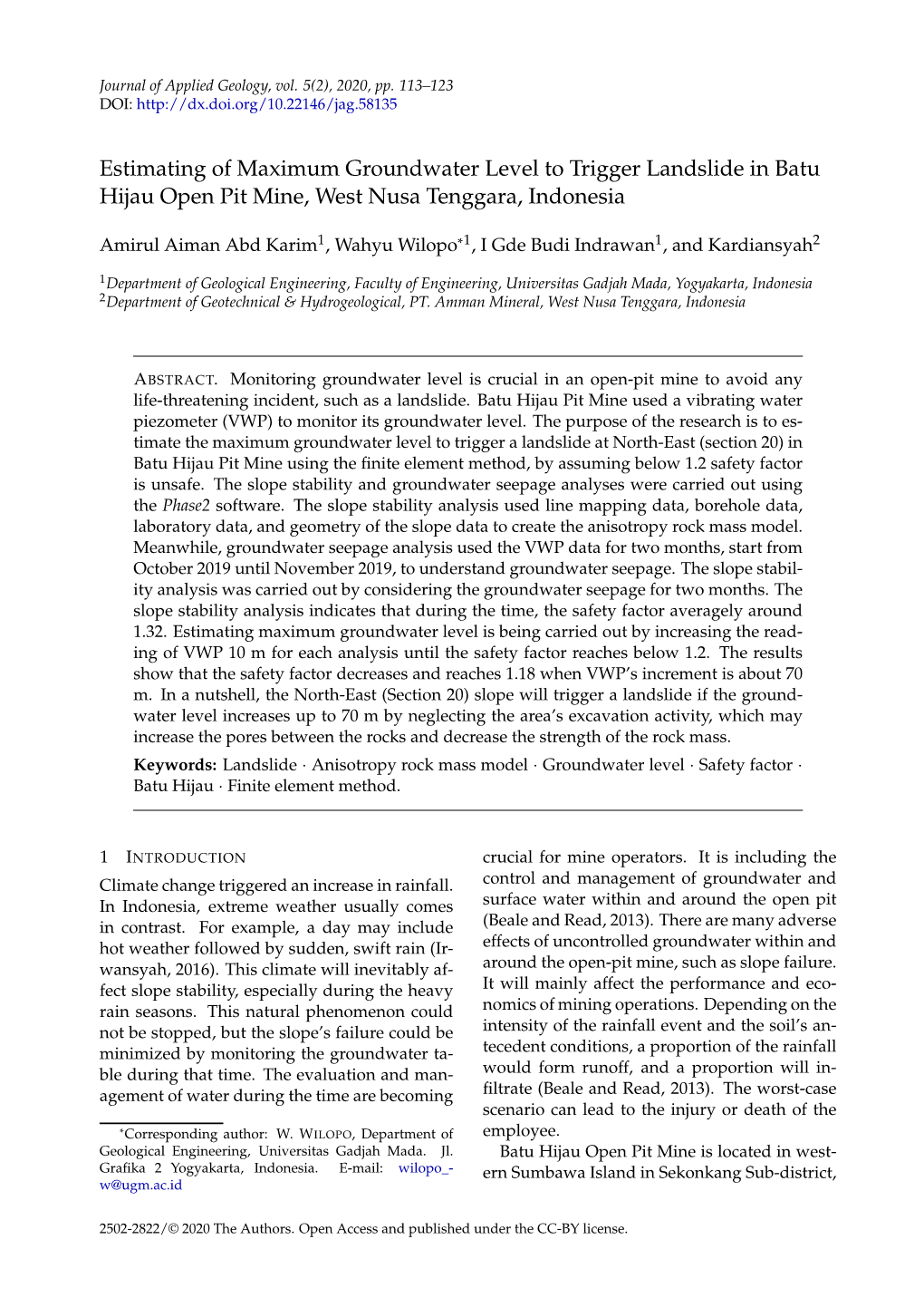 Estimating of Maximum Groundwater Level to Trigger Landslide in Batu Hijau Open Pit Mine, West Nusa Tenggara, Indonesia