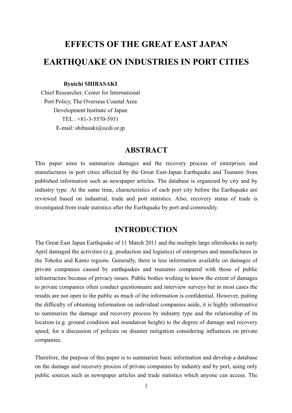 Effects of the Great East Japan Earthquake on Industries in Port Cities