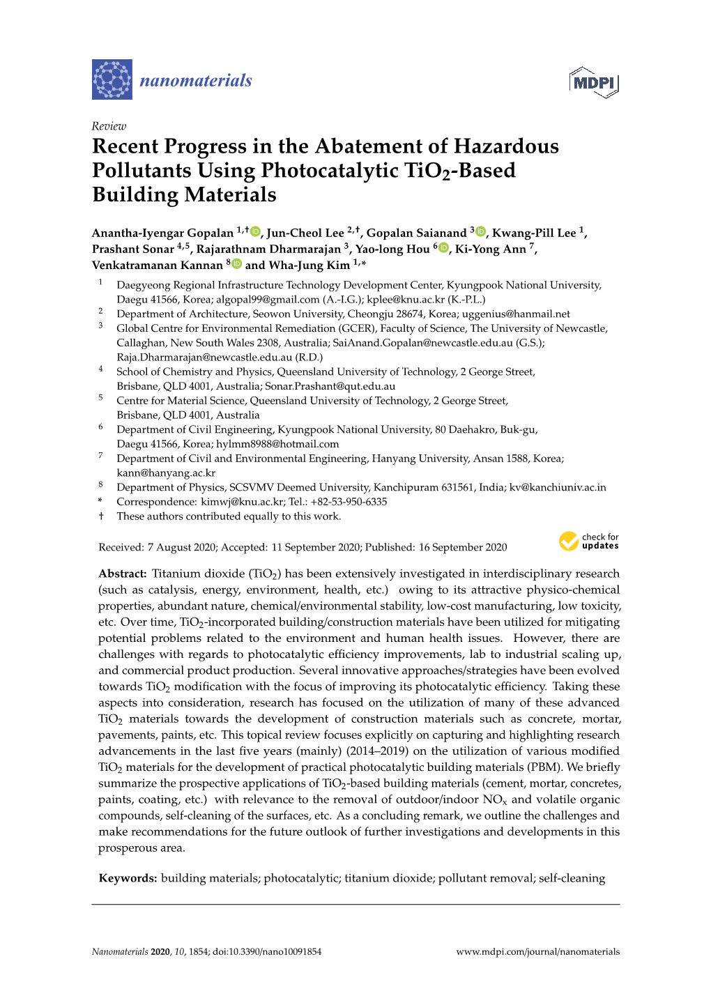 Recent Progress in the Abatement of Hazardous Pollutants Using Photocatalytic Tio2-Based Building Materials