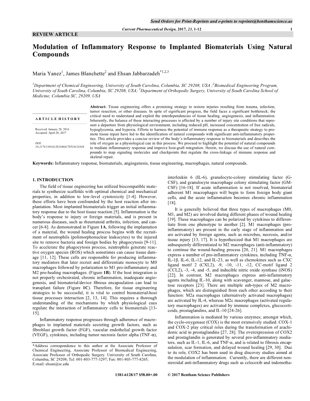 Modulation of Inflammatory Response to Implanted Biomaterials Using Natural Compounds