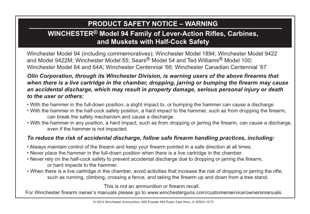 WARNING WINCHESTER® Model 94 Family of Lever-Action Rifles, Carbines, and Muskets with Half-Cock Safety