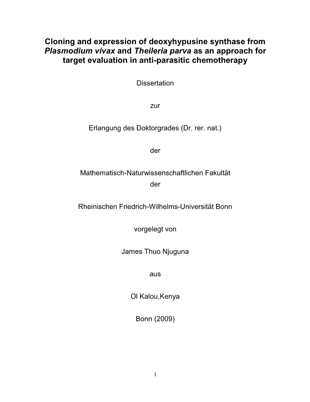 Cloning and Expression of Deoxyhypusine Synthase from Plasmodium Vivax and Theileria Parva As an Approach for Target Evaluation in Anti-Parasitic Chemotherapy