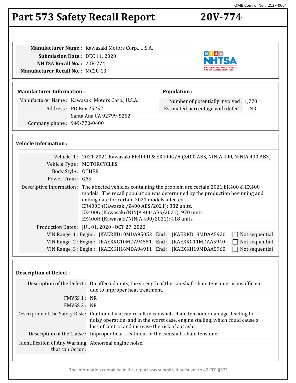 Part 573 Safety Recall Report 20V-774