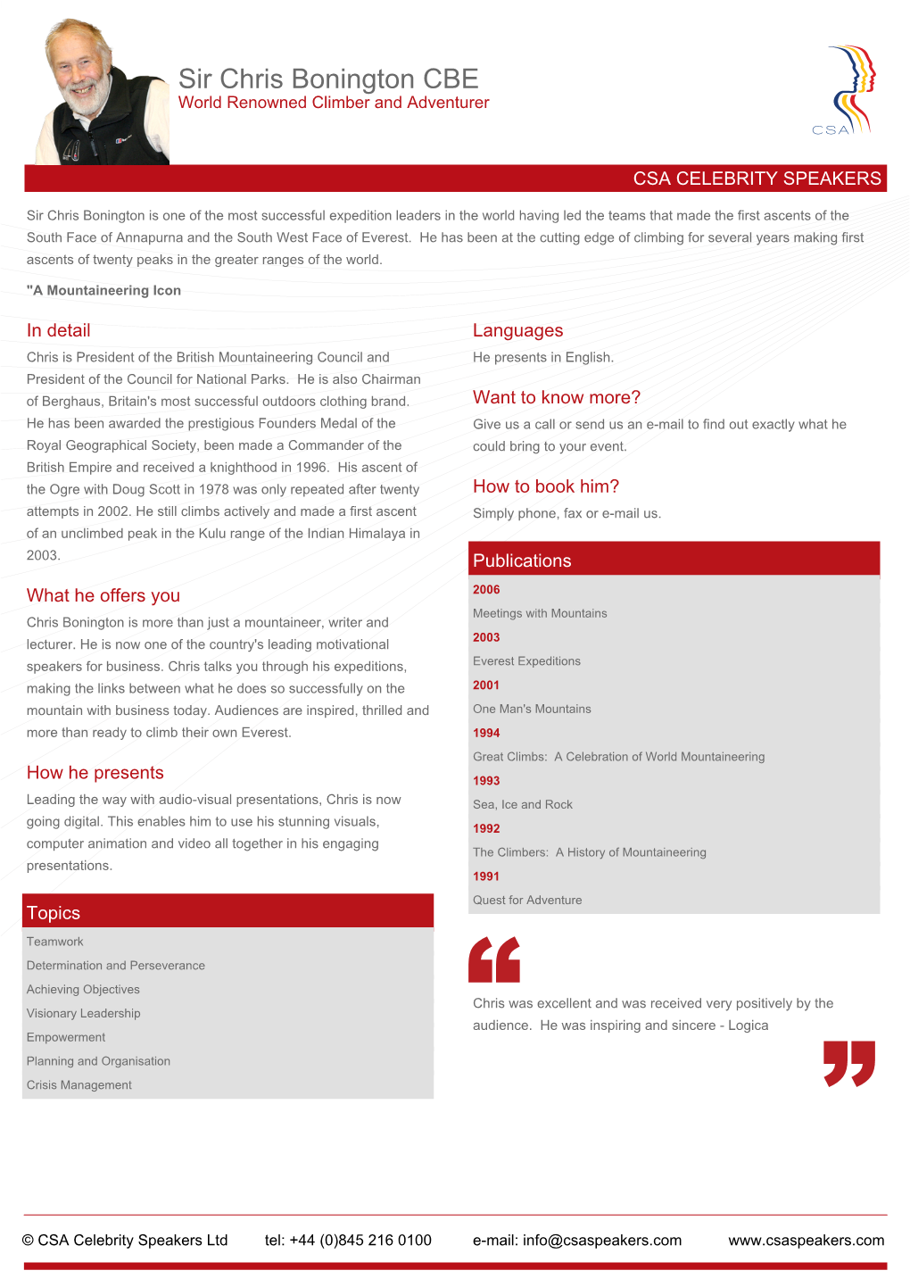Sir Chris Bonington CBE Speaker Profile