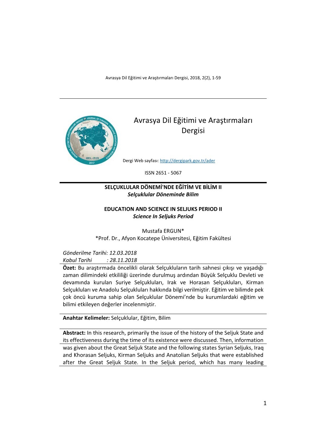 Avrasya Dil Eğitimi Ve Araştırmaları Dergisi, 2018, 2(2), 1-59