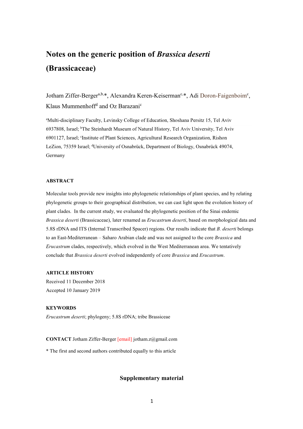 Notes on the Generic Position of Brassica Deserti (Brassicaceae)