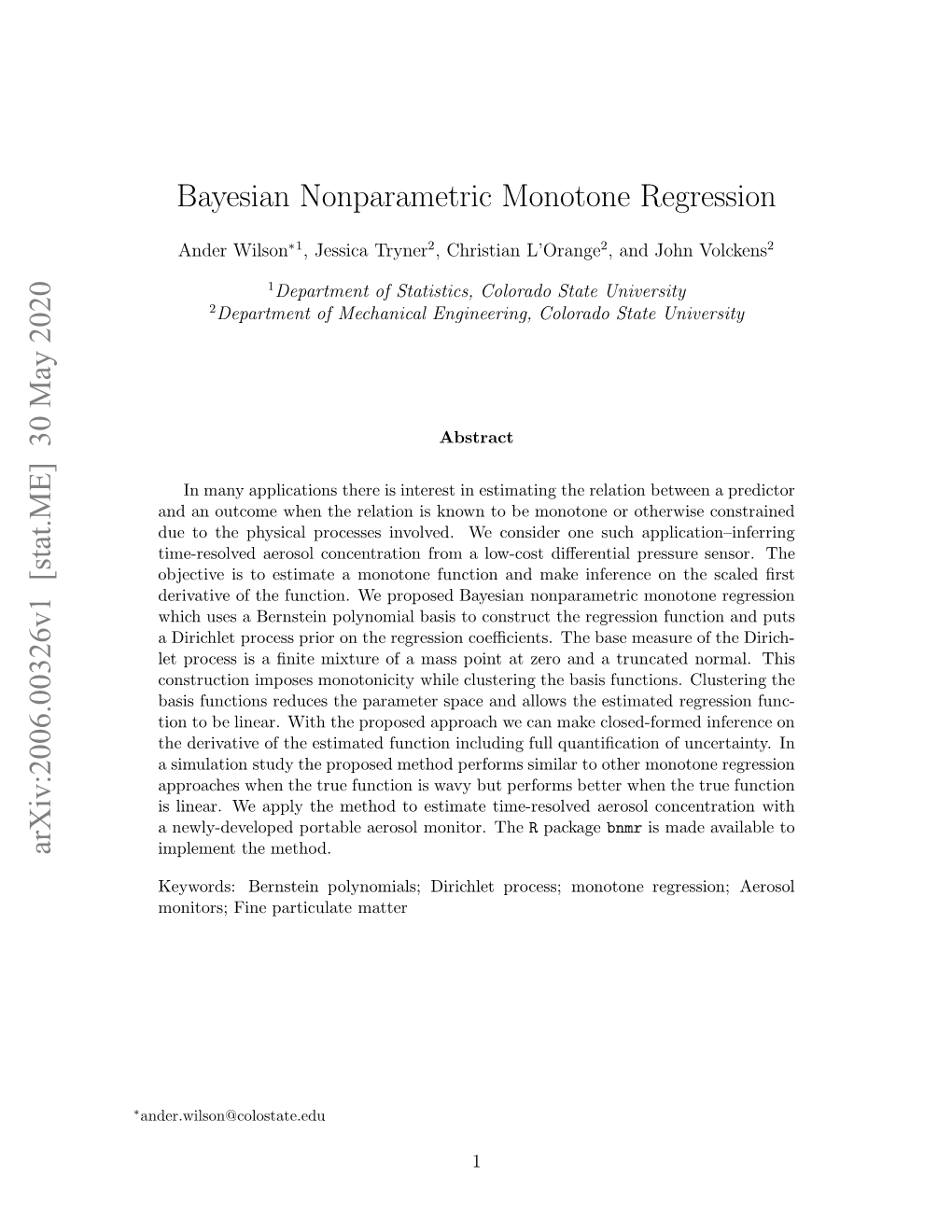 30 May 2020 Bayesian Nonparametric Monotone Regression