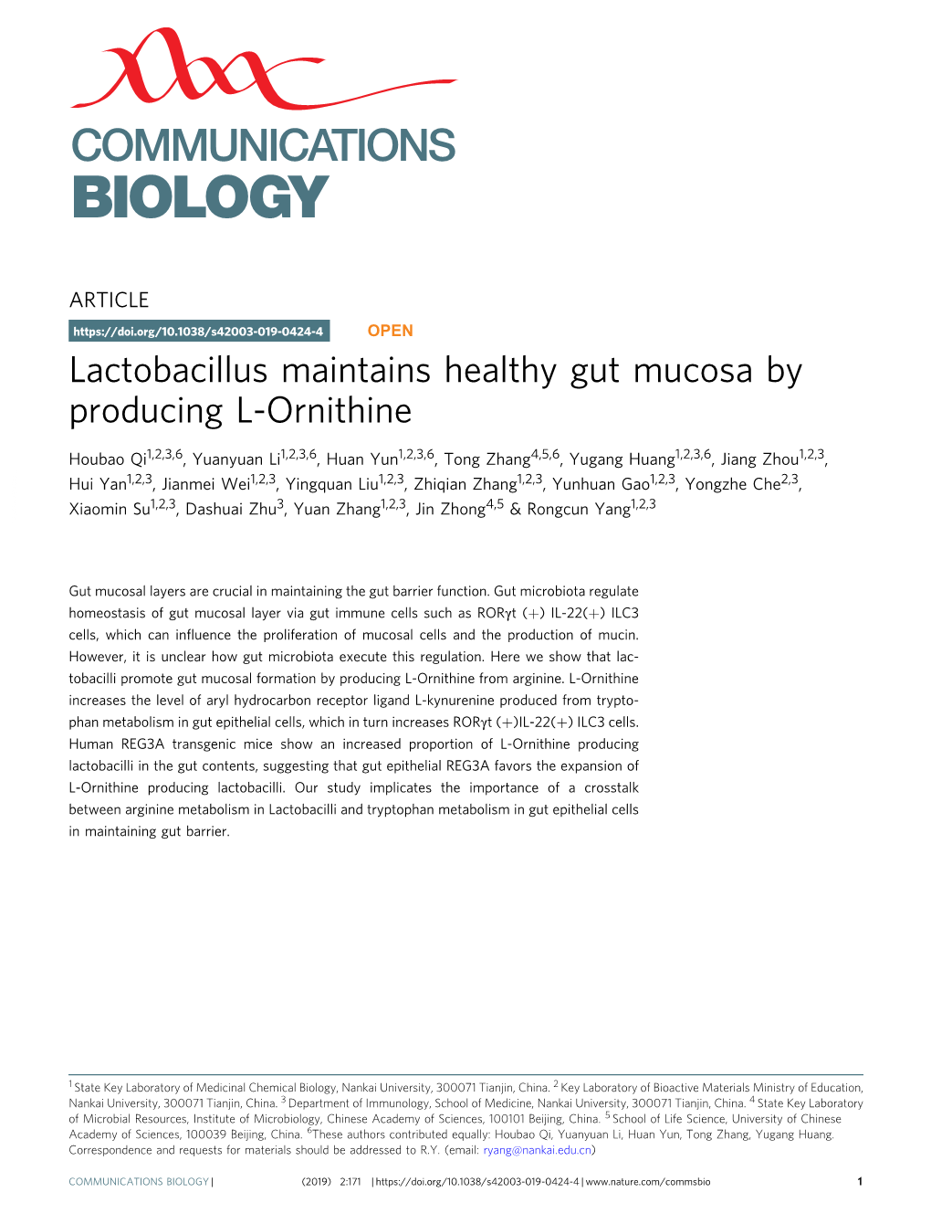 Lactobacillus Maintains Healthy Gut Mucosa by Producing L-Ornithine