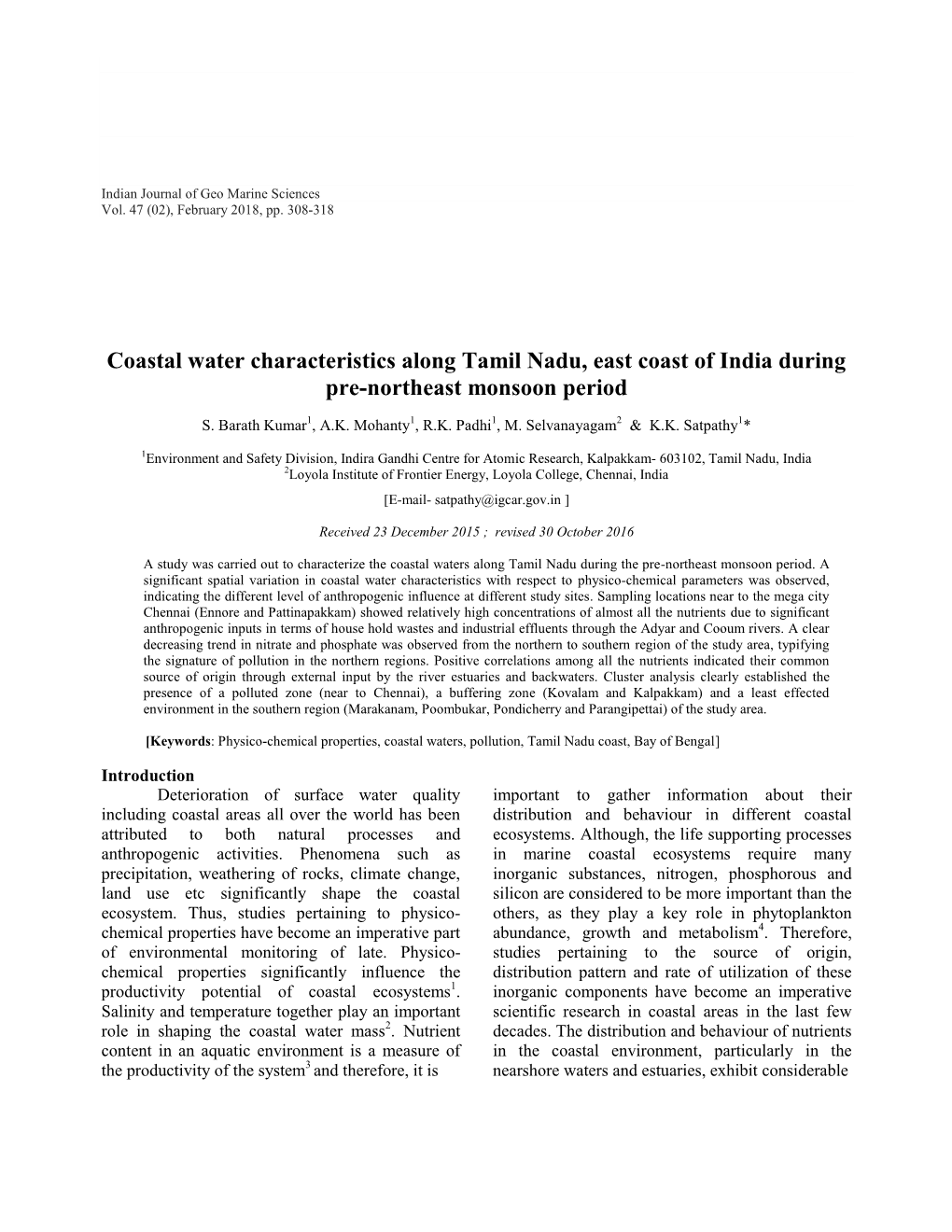 Coastal Water Characteristics Along Tamil Nadu, East Coast of India During Pre-Northeast Monsoon Period